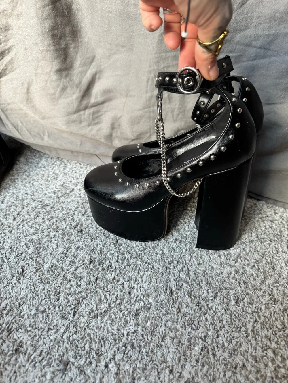 Black Platform Mary Jane Heels with Silver Studs & Chain Trim